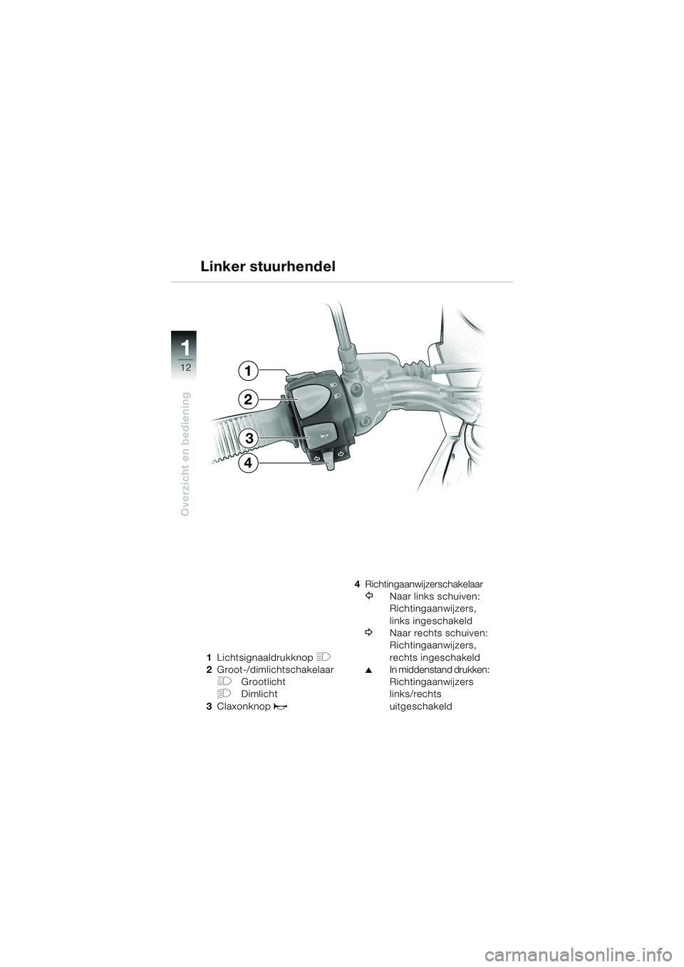 BMW MOTORRAD F 650 GS 2003  Handleiding (in Dutch) 11
12
Overzicht en bediening
1
2
3
4
1Lichtsignaaldrukknop H
2Groot-/dimlichtschakelaar
FGrootlicht
GDimlicht
3 Claxonknop 
z
4Richtingaanwijzerschakelaar
YNaar links schuiven:
Richtingaanwijzers, 
li