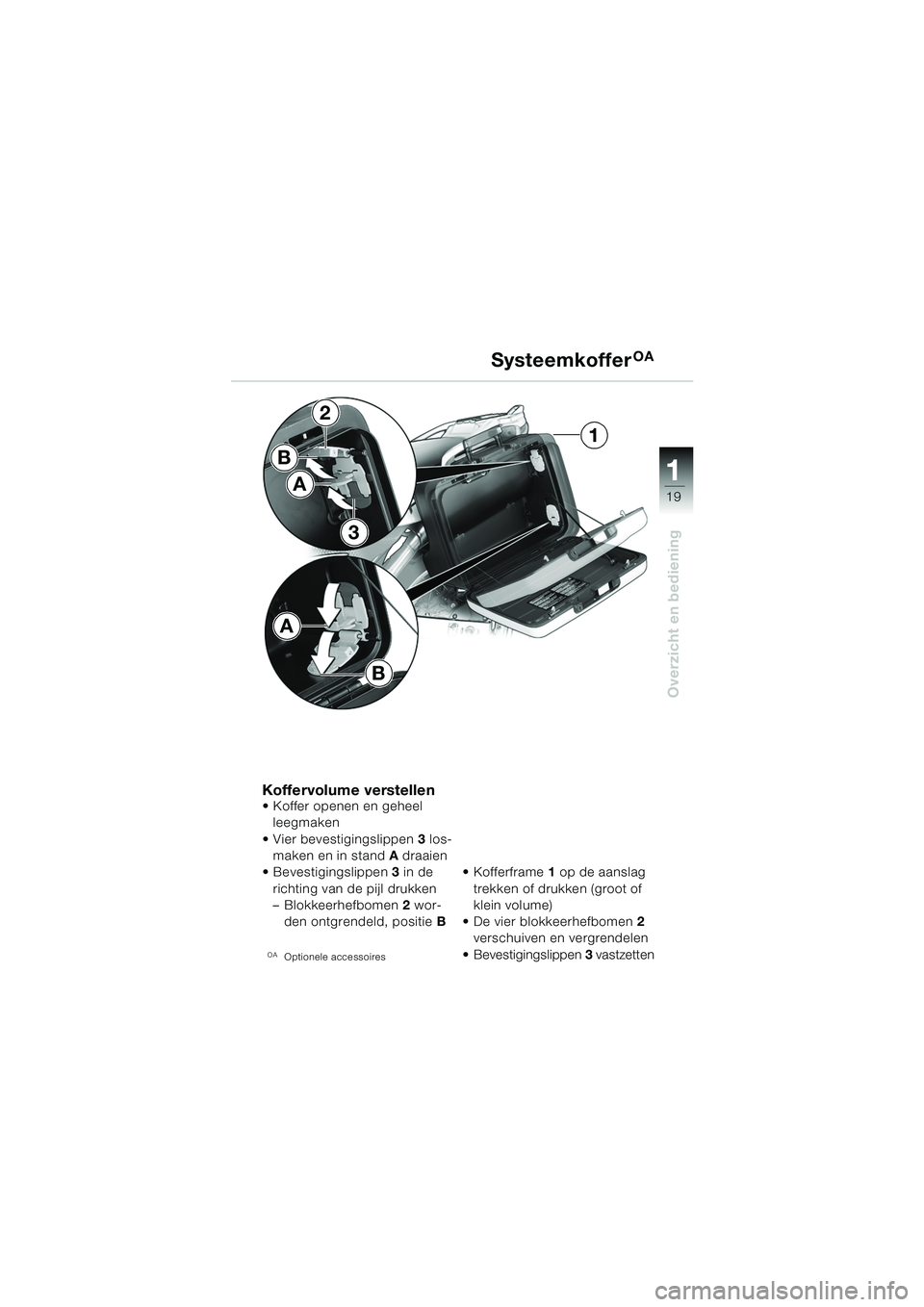 BMW MOTORRAD F 650 GS 2003  Handleiding (in Dutch) 111
19
Overzicht en bediening
B
2
3
1
A
B
A
Koffervolume verstellen Koffer openen en geheel leegmaken
 Vier bevestigingslippen 3 los-
maken en in stand A  draaien
 Bevestigingslippen 3 in de 
richt