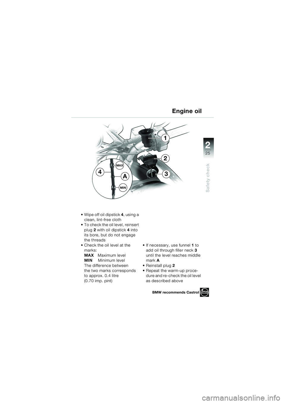 BMW MOTORRAD F 650 CS 2003  Riders Manual (in English) 1
25
Safety check
2
MAX
MIN
1
34
2
A
 Wipe off oil dipstick 4, using a 
clean, lint-free cloth
 To check the oil level, reinsert 
plug 2 with oil dipstick 4 into 
its bore, but do not engage 
the th