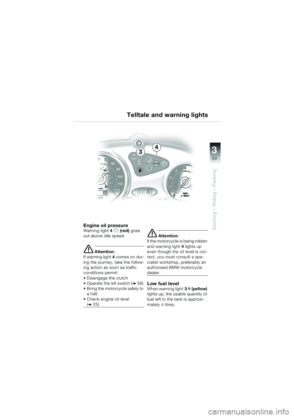 BMW MOTORRAD F 650 CS 2003  Riders Manual (in English) 3
59
Starting – Riding – ParkingEngine oil pressureWarning light4 p (red)  goes 
out above idle speed.
e Attention:
If warning light 4  comes on dur-
ing the journey, take the follow-
ing action a