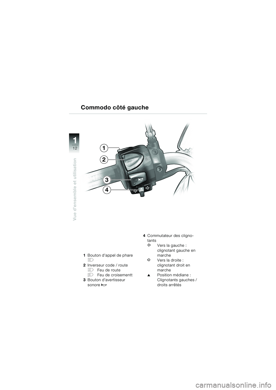 BMW MOTORRAD F 650 CS 2003  Livret de bord (in French) 11
12
Vue d’ensemble et utilisation
1Bouton d’appel de phare 
H
2Inverseur code / route
FFeu de route
GFeu de croisementt
3 Bouton d’avertisseur 
sonore 
z
4Commutateur des cligno-
tants
YVers l