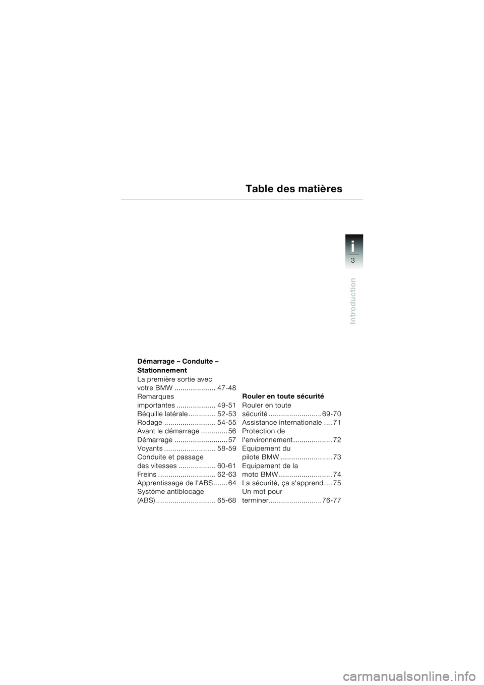 BMW MOTORRAD F 650 CS 2003  Livret de bord (in French) i
3
Introduction
34
Démarrage – Conduite – 
Stationnement
La première sortie avec 
votre BMW .................... 47-48
Remarques 
importantes ................... 49-51
Béquille latérale .....