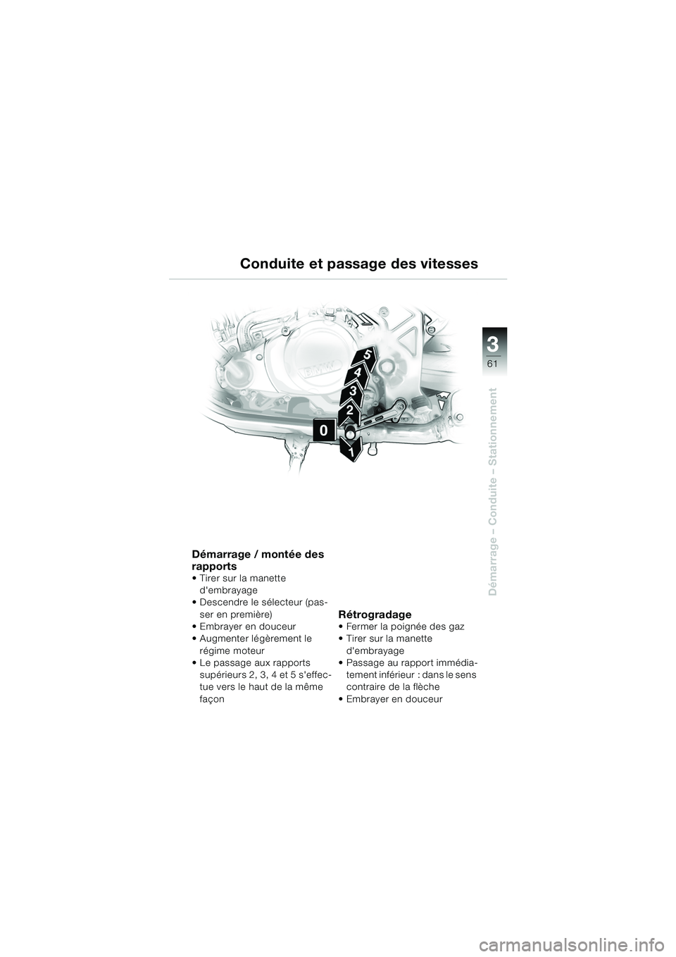 BMW MOTORRAD F 650 CS 2003  Livret de bord (in French) 3
61
Démarrage – Conduite – Stationnement
Démarrage / montée des 
rapports
 Tirer sur la manette dembrayage
 Descendre le sélecteur (pas-
ser en première)
Embrayer en douceur
 Augmenter 