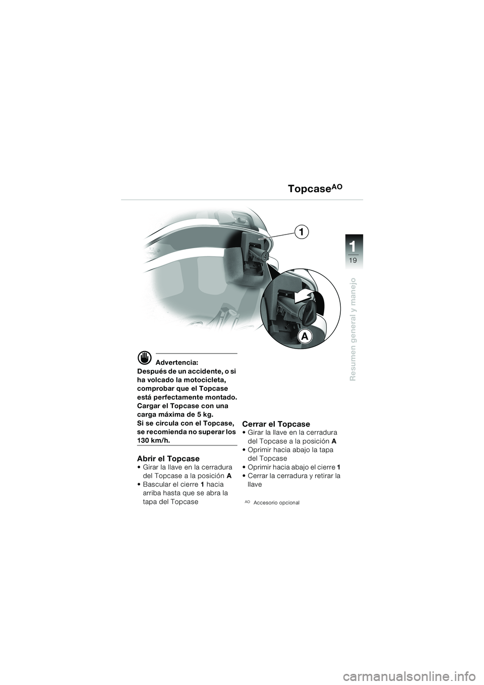 BMW MOTORRAD F 650 CS 2003 Manual de instrucciones (in Spanish) 11 1
19
Resumen general y manejo
A
1 Topcase
AO
d Advertencia:
Después de un accidente, o si
ha volcado la motocicleta,
comprobar que el Topcase
está perfectamente montado.
Cargar el Topcase con BMW MOTORRAD F 650 CS 2003 Manual de instrucciones (in Spanish) 11 1
19
Resumen general y manejo
A
1 Topcase
AO
d Advertencia:
Después de un accidente, o si
ha volcado la motocicleta,
comprobar que el Topcase
está perfectamente montado.
Cargar el Topcase con