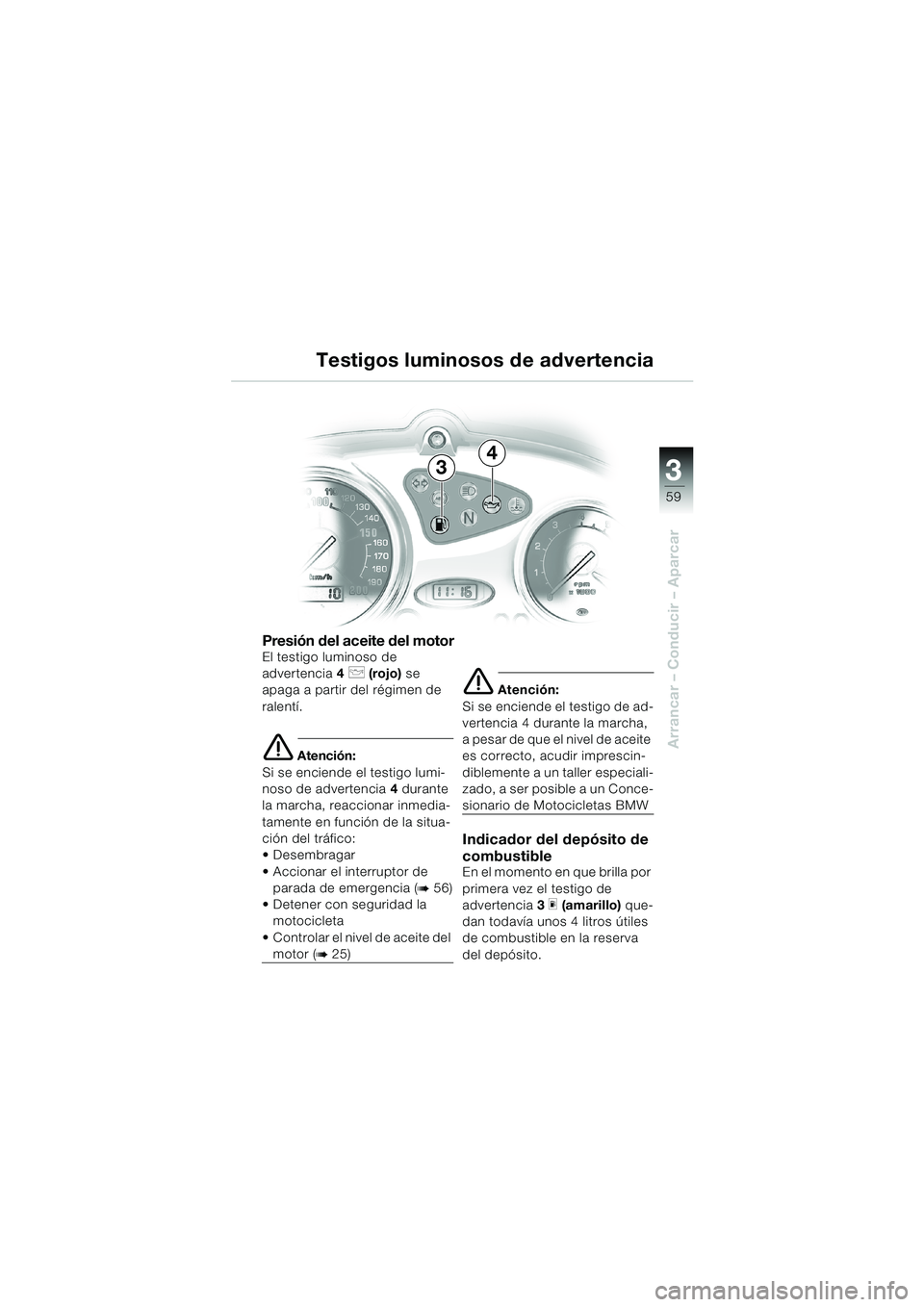 BMW MOTORRAD F 650 CS 2003 Manual de instrucciones (in Spanish) 3
59
Arrancar – Conducir – Aparcar
Presión del aceite del motorEl testigo luminoso de
advertencia4
p (rojo) se
apaga a partir del régimen de
ralentÃ.
e Atención:
Si se enciende el testigo BMW MOTORRAD F 650 CS 2003 Manual de instrucciones (in Spanish) 3
59
Arrancar – Conducir – Aparcar
Presión del aceite del motorEl testigo luminoso de
advertencia4
p (rojo) se
apaga a partir del régimen de
ralentÃ.
e Atención:
Si se enciende el testigo