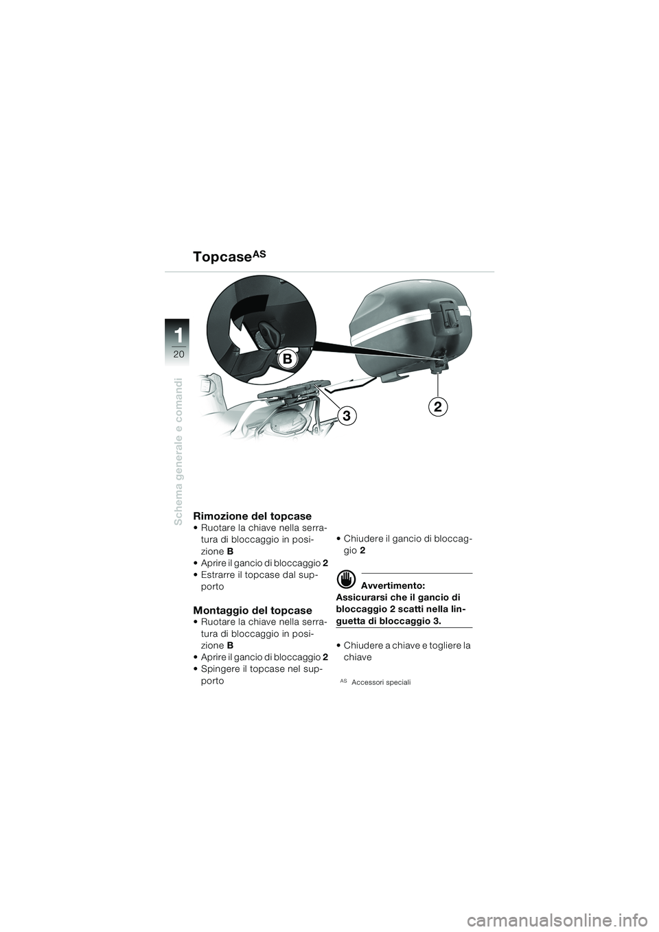 BMW MOTORRAD F 650 CS 2003 Libretto di uso e manutenzione (in Italian) 11
20
Schema generale e comandi
TopcaseAS
Rimozione del topcase Ruotare la chiave nella serra-tura di bloccaggio in posi-
zione B
Aprire il gancio di bloccaggio 2
Estrarre il topcase dal sup- BMW MOTORRAD F 650 CS 2003 Libretto di uso e manutenzione (in Italian) 11
20
Schema generale e comandi
TopcaseAS
Rimozione del topcase Ruotare la chiave nella serra-tura di bloccaggio in posi-
zione B
Aprire il gancio di bloccaggio 2
Estrarre il topcase dal sup-