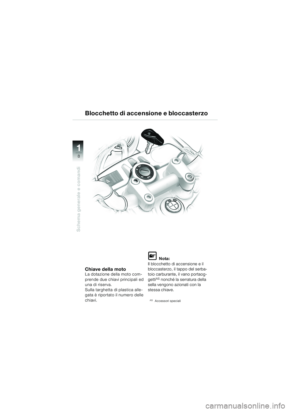 BMW MOTORRAD F 650 CS 2003 Libretto di uso e manutenzione (in Italian) 11
8
Schema generale e comandi
Chiave della motoLa dotazione della moto com-
prende due chiavi principali ed
una di riserva.
Sulla targhetta di plastica alle-
gata è riportato il numero delle
chiav BMW MOTORRAD F 650 CS 2003 Libretto di uso e manutenzione (in Italian) 11
8
Schema generale e comandi
Chiave della motoLa dotazione della moto com-
prende due chiavi principali ed
una di riserva.
Sulla targhetta di plastica alle-
gata è riportato il numero delle
chiav