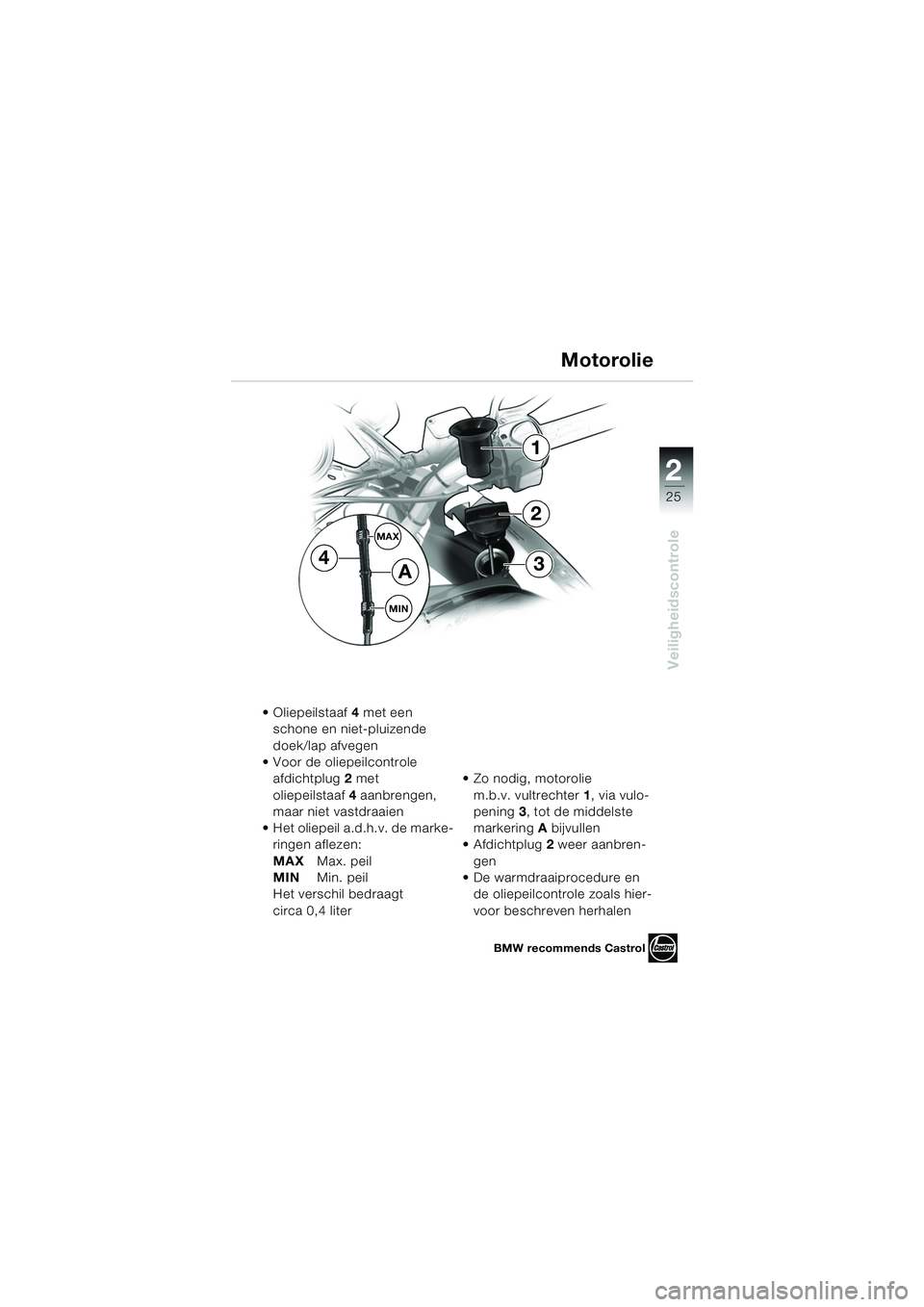 BMW MOTORRAD F 650 CS 2003  Handleiding (in Dutch) 1
25
Veiligheidscontrole
2
MAX
MIN
1
34
2
A
 Oliepeilstaaf4 met een 
schone en niet-pluizende 
doek/lap afvegen
 Voor de oliepeilcontrole  afdichtplug  2 met 
oliepeilstaaf  4 aanbrengen, 
maar niet