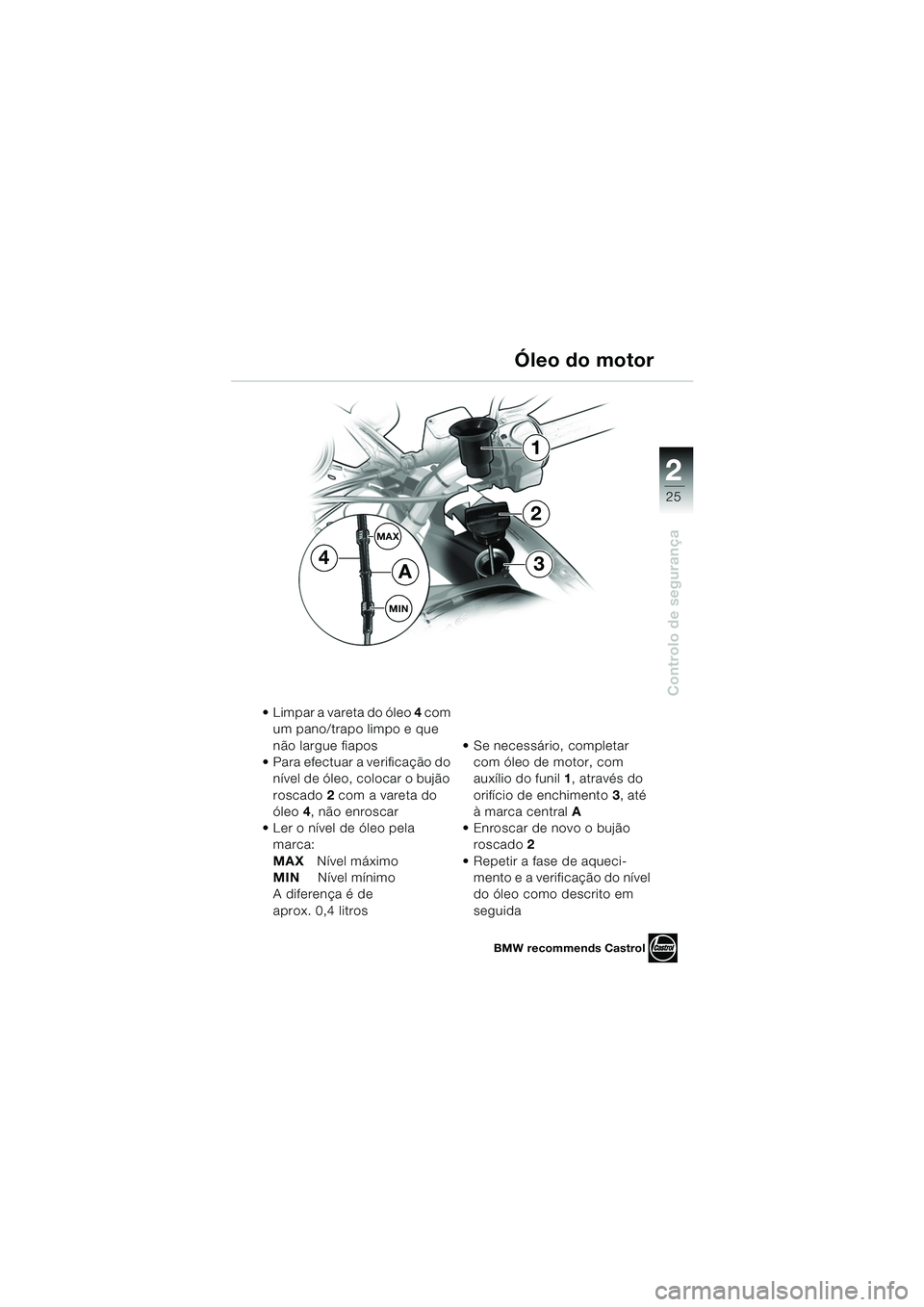 BMW MOTORRAD F 650 CS 2003 Manual do condutor (in Portuguese) 1
25
Controlo de segurança
2
MAX
MIN
1
34
2
A
Limpar a vareta do óleo 4 com
um pano/trapo limpo e que
não largue fiapos
Para efectuar a verificação do nível de óleo, colocar o bujão
ro BMW MOTORRAD F 650 CS 2003 Manual do condutor (in Portuguese) 1
25
Controlo de segurança
2
MAX
MIN
1
34
2
A
Limpar a vareta do óleo 4 com
um pano/trapo limpo e que
não largue fiapos
Para efectuar a verificação do nível de óleo, colocar o bujão
ro
