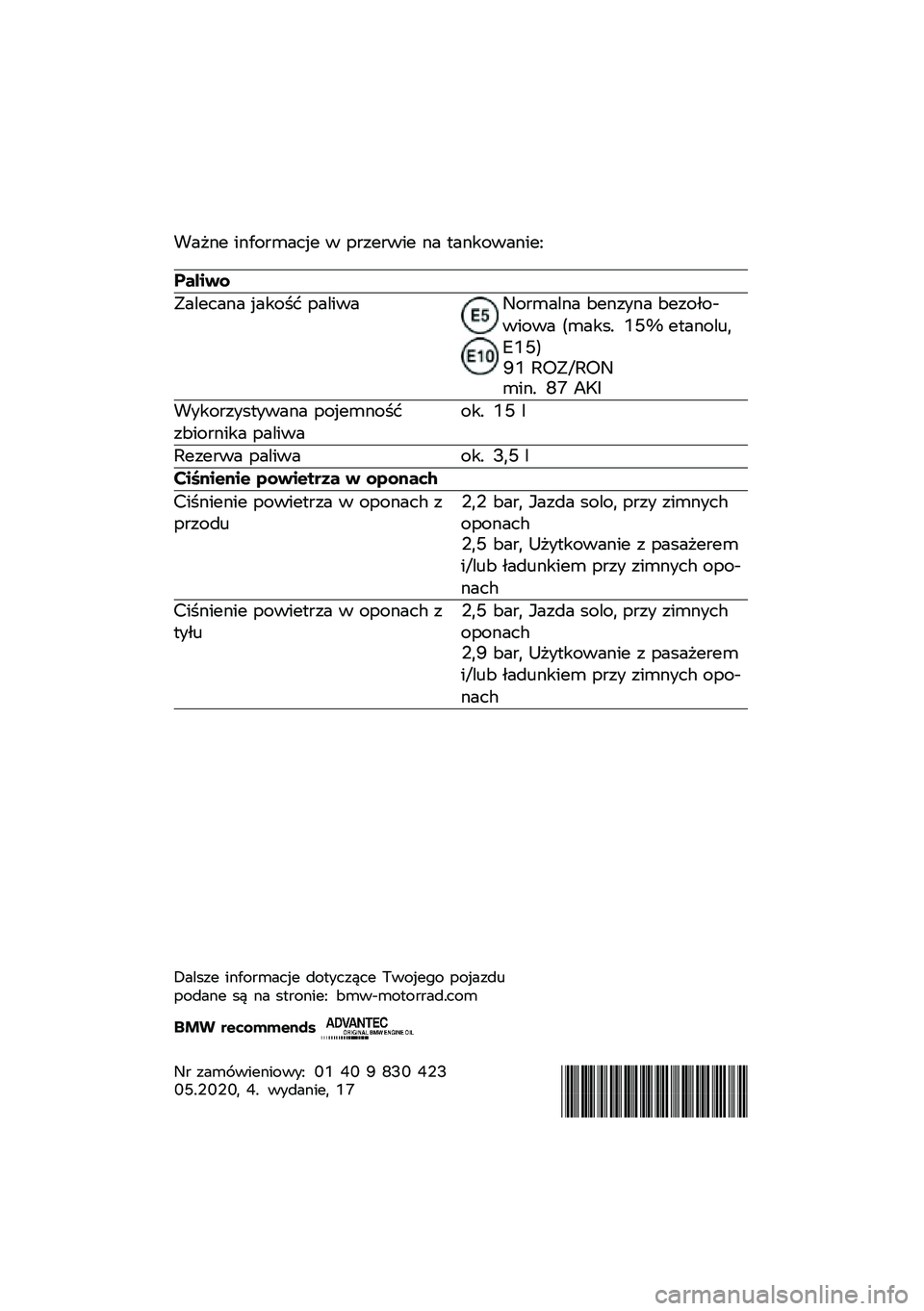BMW MOTORRAD F 750 GS 2020  Instrukcja obsługi (in Polish) �!��"�\f� ��\f���
�	���� � ��
���
��� �\f� �
��\f�����\f���;
������
�.������\f� �����$� ���������
�	���\f� �:��\f���\f� �:����-��%�����
