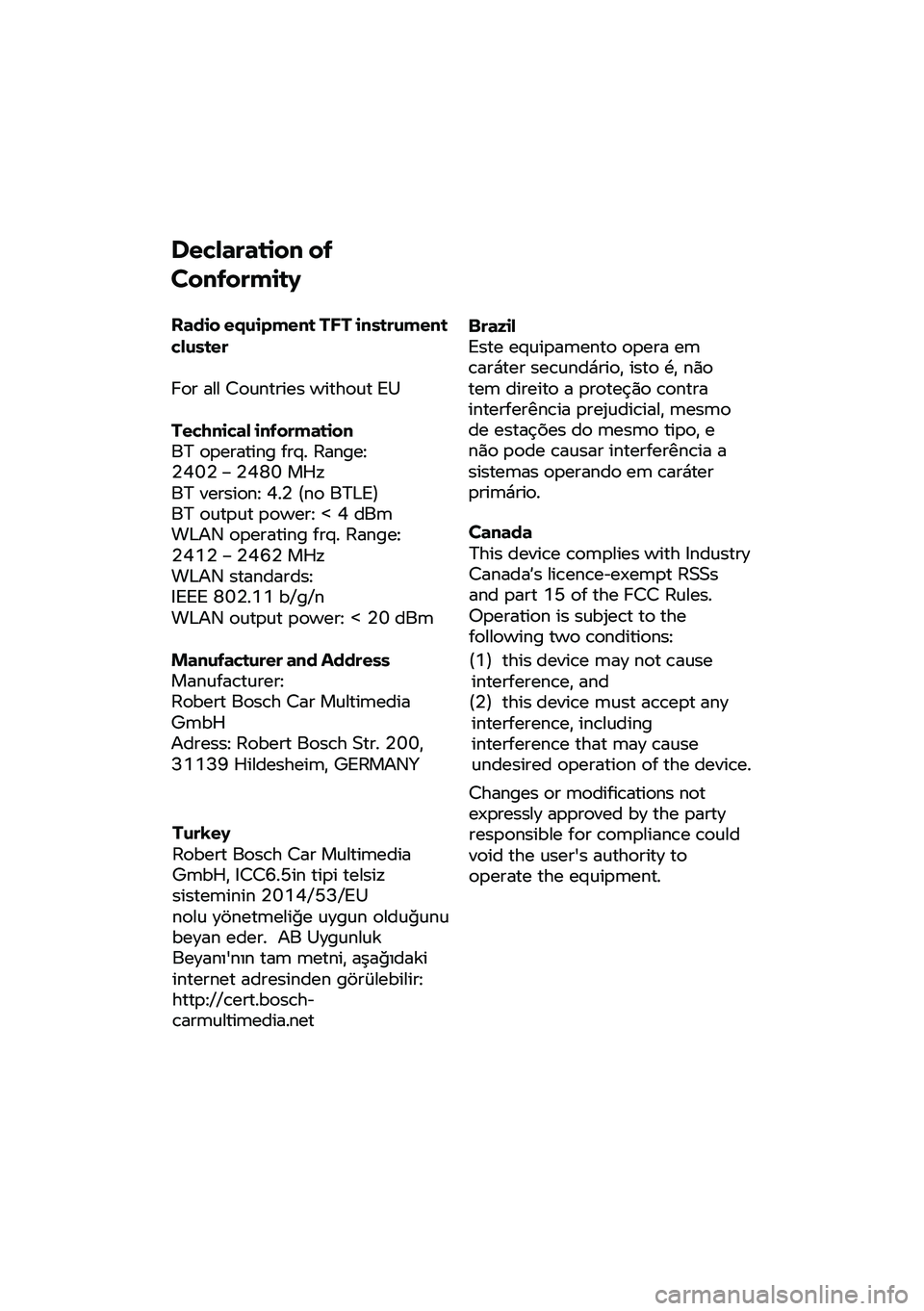 BMW MOTORRAD F 900 R 2020  Riders Manual (in English) Declaration of 
Conformity 
Radio e
quipment T FT instrument 
cluster 
For a
ll  Countries  without EU 
Technical information 
BT
 operating frq. Range:
2402  – 2480 MHz
BT
 version:  4.2 (no  BTLE)