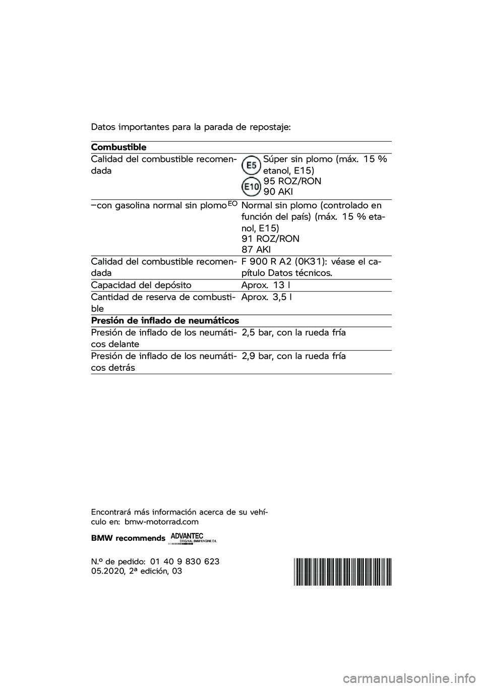 BMW MOTORRAD F 900 R 2020  Manual de instrucciones (in Spanish) � ���� �
����\f������ ���\f� �� ���\f��� �� �\f�������.��;
�������\b�	��
�
�<���
��� ��� ����*�	���
�*�� �\f�������������\b���\f �