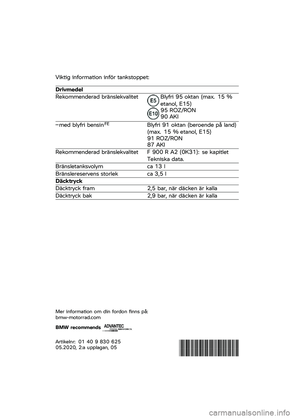 BMW MOTORRAD F 900 R 2020  Instruktionsbok (in Swedish) �0���\f�� ��	�
��\b���\f���	 ��	�
��\b �\f��	��
�\f�����\f�<
�������\b��	
��������	���\b�� �)�\b��	�
��������\f��\f�%���
�\b� �=�? ���\f��	 �#���*�