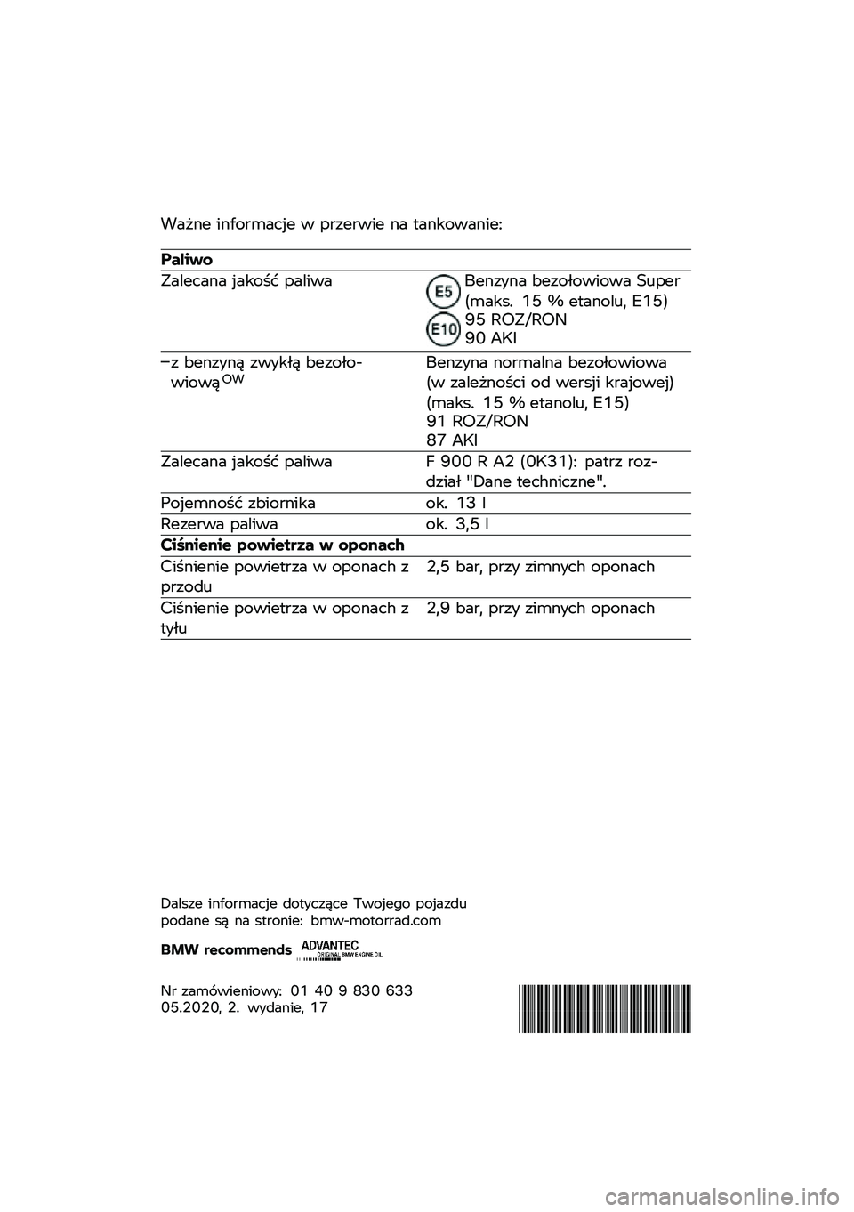 BMW MOTORRAD F 900 R 2020  Instrukcja obsługi (in Polish) �!��"�\f� ��\f���
�	���� � ��
���
��� �\f� �
��\f�����\f���;
������
�.������\f� �����$� �������4��\f���\f� �:����-������ �<�\b���
��	��