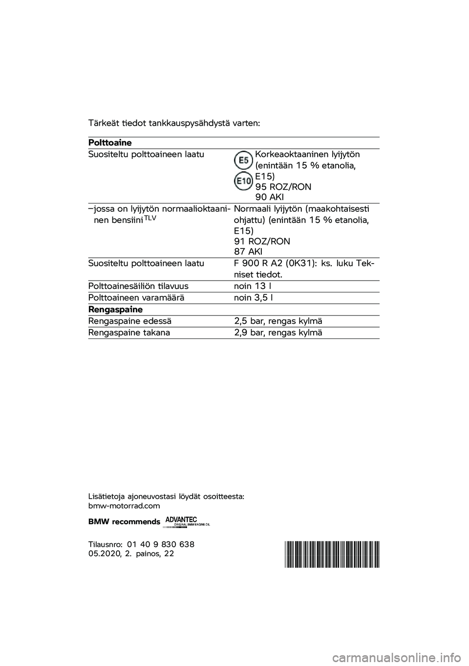 BMW MOTORRAD F 900 R 2020  Käsikirja (in Finnish) �%��
��
��	 �	��
���	 �	������\f�\b���\b�����\b�	� �"��
�	�
��:
���������\b�	
�9�\f��\b��	�
��	�\f ����	�	�����
�
� ����	�\f�8��
��
����	������
� �