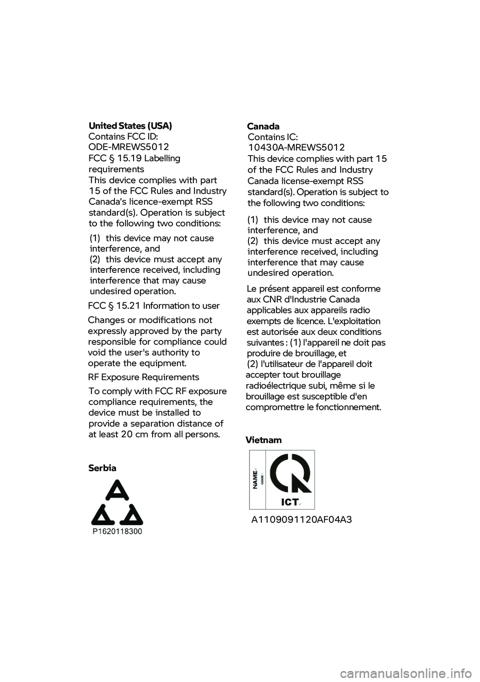 BMW MOTORRAD F 900 R 2021  Betriebsanleitung (in German)  
 
 
 
United States  (USA)  
Contains  FCC  ID:  
ODE -MREWS5012 
FCC § 15.19  Labelling 
requirements  
This device complies with part  
15  of  the  FCC  Rules  and  Industry  
Canada’s licence