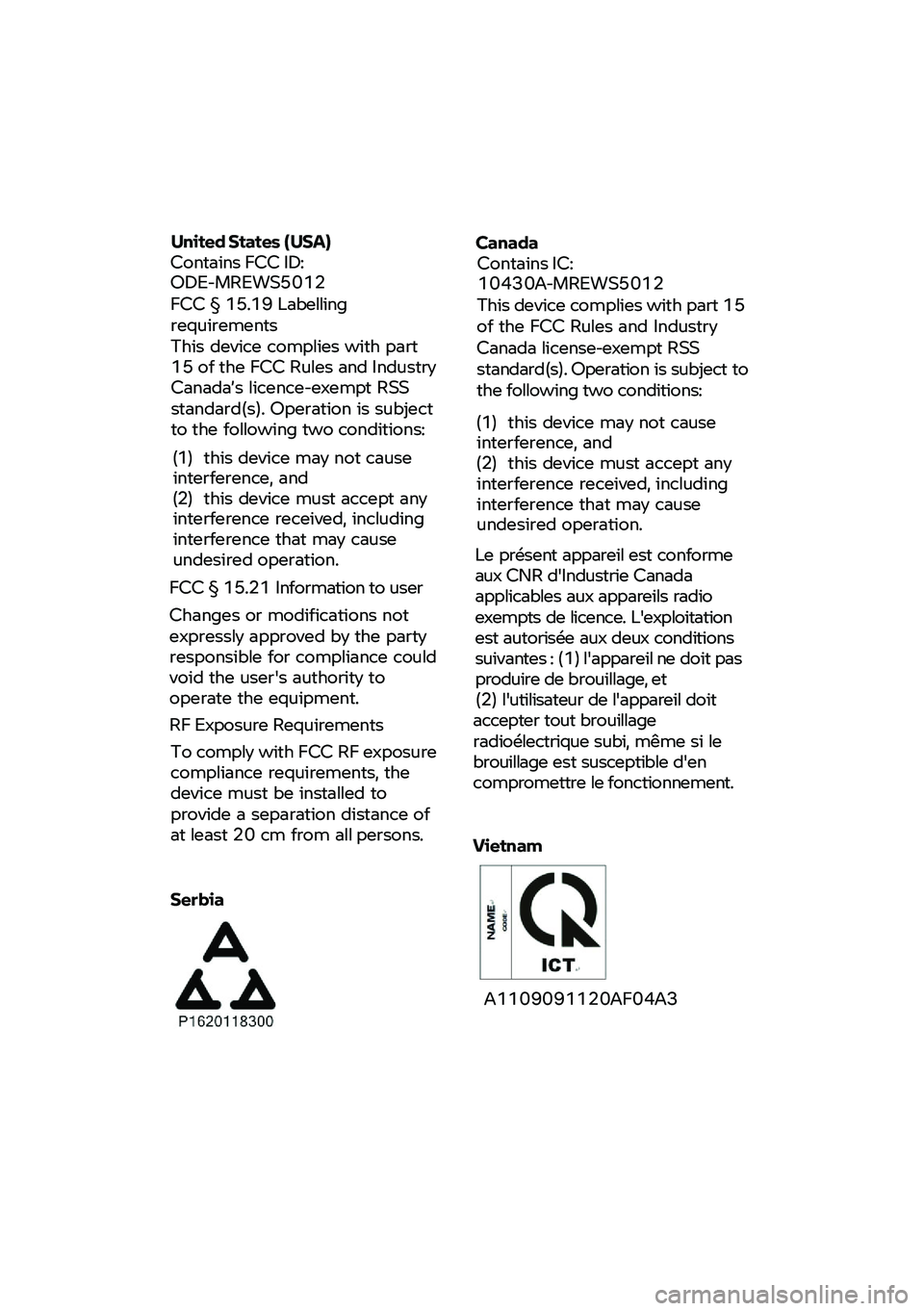 BMW MOTORRAD F 900 R 2021  Návod k obsluze (in Czech)  
 
 
 
United States  (USA)  
Contains  FCC  ID:  
ODE -MREWS5012 
FCC § 15.19  Labelling 
requirements  
This device complies with part  
15  of  the  FCC  Rules  and  Industry  
Canada’s licence