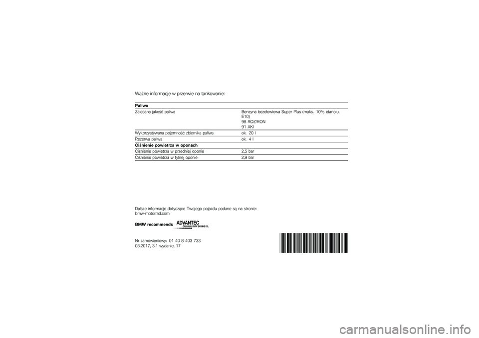 BMW MOTORRAD S 1000 XR 2017  Instrukcja obsługi (in Polish) �"��#�� �����
�	���� � ��
���
��� �� �
����������:
���$���
�.������� �����$�  ������
�4������ �9����-������ �;����
 ���� ��	�