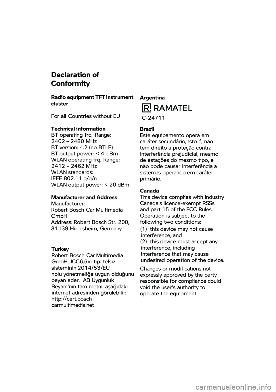 BMW MOTORRAD C 400 GT 2021  Libretto di uso e manutenzione (in Italian)  Declaration 
of 
Conformity 
Radio  equipment TFT  instrument 
cluster 
For  all Countries  without EU 
Technical  information 
BT  operating  frq. Range
:
2402  – 2480  MHz
BT  version:  4.2 (no  