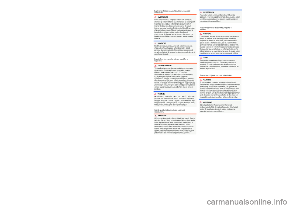 BMW MOTORRAD C 400 GT 2020  Manual de instrucciones (in Spanish) HUOMAUTUS
Auton avaimeen asetetut epäsopivat paristot voivat 
vaurioittaa auton avainta. Tämä aiheuttaa aineellisten 
vahinkojen vaaran. Vaihda tyhjän pariston tilalle vain 
jännitearvoltaan, koo