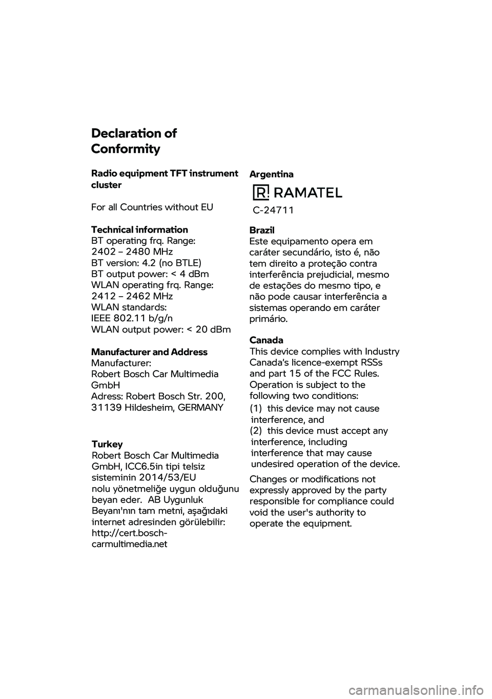 BMW MOTORRAD C 400 X 2020 Betriebsanleitung (in German) Declaration of
Conformity
Radio equipment TFT
instrument
cluster
For a
ll Countries without
EU
Technical information
BT o
perating
frq. Range:
2402 – 2480 MHz
BT version: 4.2
(no BMW MOTORRAD C 400 X 2020 Betriebsanleitung (in German) Declaration of
Conformity
Radio equipment TFT
instrument
cluster
For a
ll Countries without
EU
Technical information
BT o
perating
frq. Range:
2402 – 2480 MHz
BT version: 4.2
(no