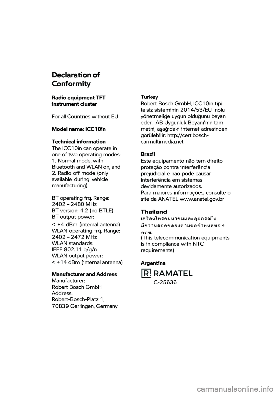 BMW MOTORRAD CE 04 2021  Riders Manual (in English)  
 
 
 
Declaration of 
Conformity  
Radio equipment TFT instrument cluster 
For all Countries without EU 
Model name: ICC10in 
Technical information 
The ICC10in can operate in one of two operating m