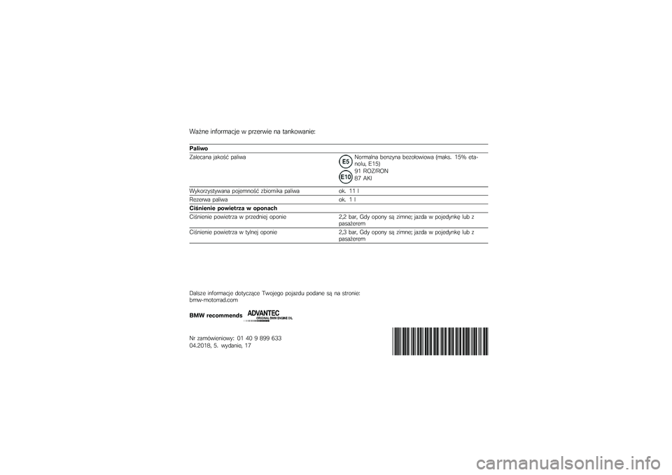 BMW MOTORRAD G310 R 2018  Instrukcja obsługi (in Polish) �"��#�\f� ��\f���
�	���� � ��
���
��� �\f� �
��\f�����\f���9
�"����#�\f
�.������\f� �����$�  ���������
�	���\f� �8��\f���\f� �8����-������ 