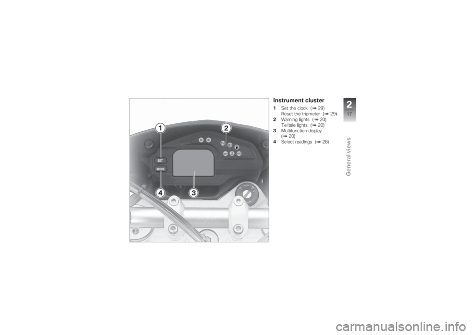 BMW MOTORRAD G 650 XCHALLENGE 2007 Riders Manual (in English) Instrument cluster1Set the clock ( 29)
Reset the tripmeter ( 29)
2Warning lights ( 20)
Telltale lights ( 20)
3Multifunction display
( 20)
4Select readings ( 28)
217zGeneral views BMW MOTORRAD G 650 XCHALLENGE 2007 Riders Manual (in English) Instrument cluster1Set the clock ( 29)
Reset the tripmeter ( 29)
2Warning lights ( 20)
Telltale lights ( 20)
3Multifunction display
( 20)
4Select readings ( 28)
217zGeneral views