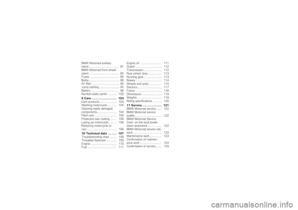 BMW MOTORRAD G 650 XCHALLENGE 2007  Riders Manual (in English) BMW Motorrad auxiliary
stand ......................... 81
BMW Motorrad front-wheel
stand ......................... 82
Fuses........................ 84
Bulbs ......................... 86
Air filter . .