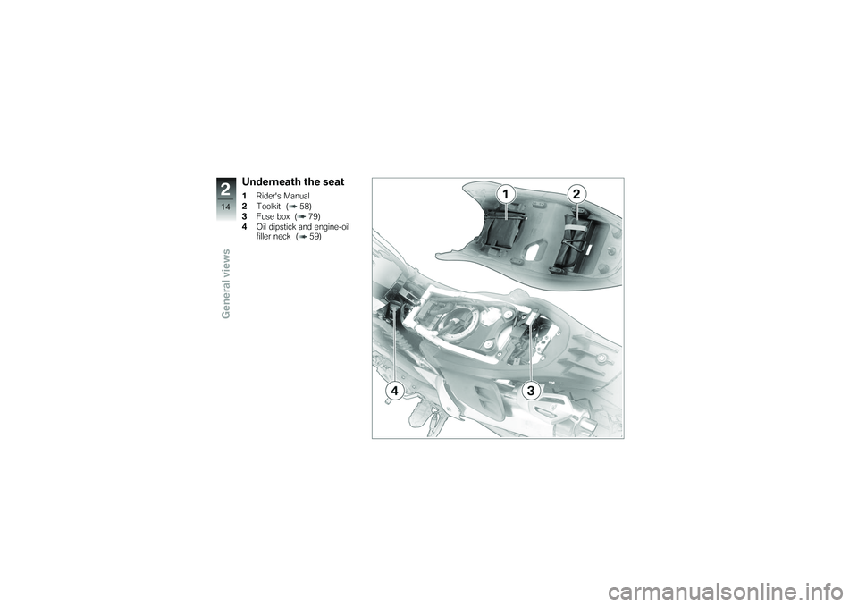 BMW MOTORRAD G 650 XCOUNTRY 2007 Riders Manual (in English) Underneath the seat1Riders Manual
2 Toolkit ( 58)
3 Fuse box ( 79)
4 Oil dipstick and engine-oil
filler neck ( 59)
214zGeneral views BMW MOTORRAD G 650 XCOUNTRY 2007 Riders Manual (in English) Underneath the seat1Riders Manual
2 Toolkit ( 58)
3 Fuse box ( 79)
4 Oil dipstick and engine-oil
filler neck ( 59)
214zGeneral views