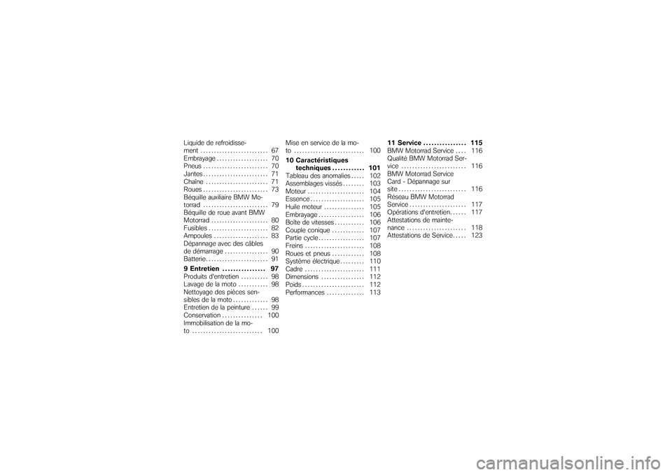 BMW MOTORRAD G 650 XCOUNTRY 2007  Livret de bord (in French) Liquide de refroidisse-
ment ......................... 67
Embrayage . . ................. 70
Pneus ........................ 70
Jantes ........................ 71
Chaîne ....................... 71
Rou