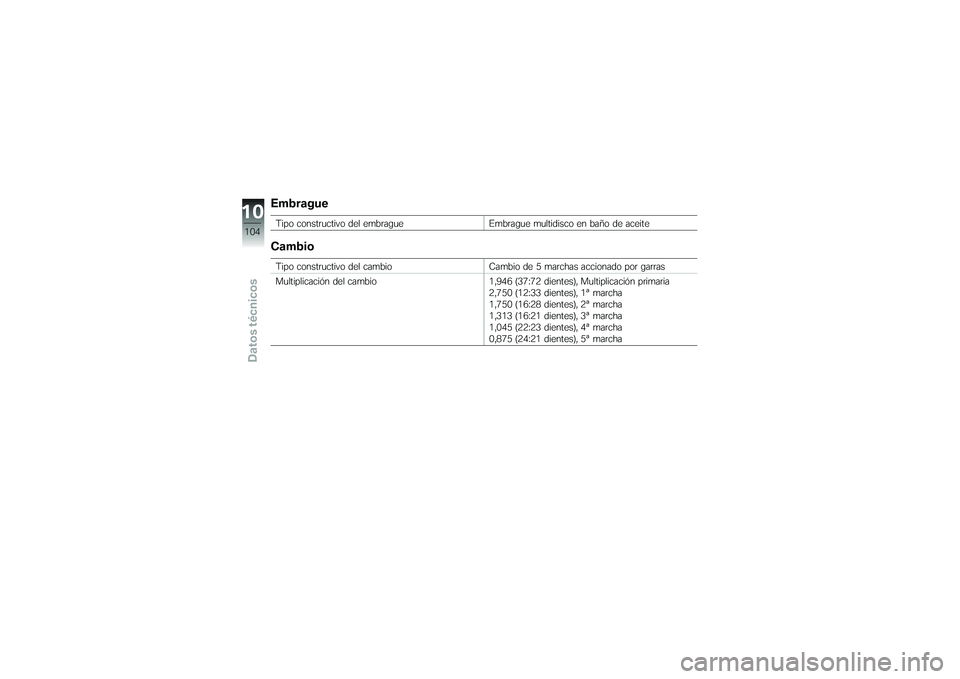 BMW MOTORRAD G 650 XCOUNTRY 2007  Manual de instrucciones (in Spanish) EmbragueTipo constructivo del embragueEmbrague multidisco en baño de aceiteCambioTipo constructivo del cambio Cambio de 5 marchas accionado por garras
Multiplicación del cambio 1,946 (37:72 dientes)