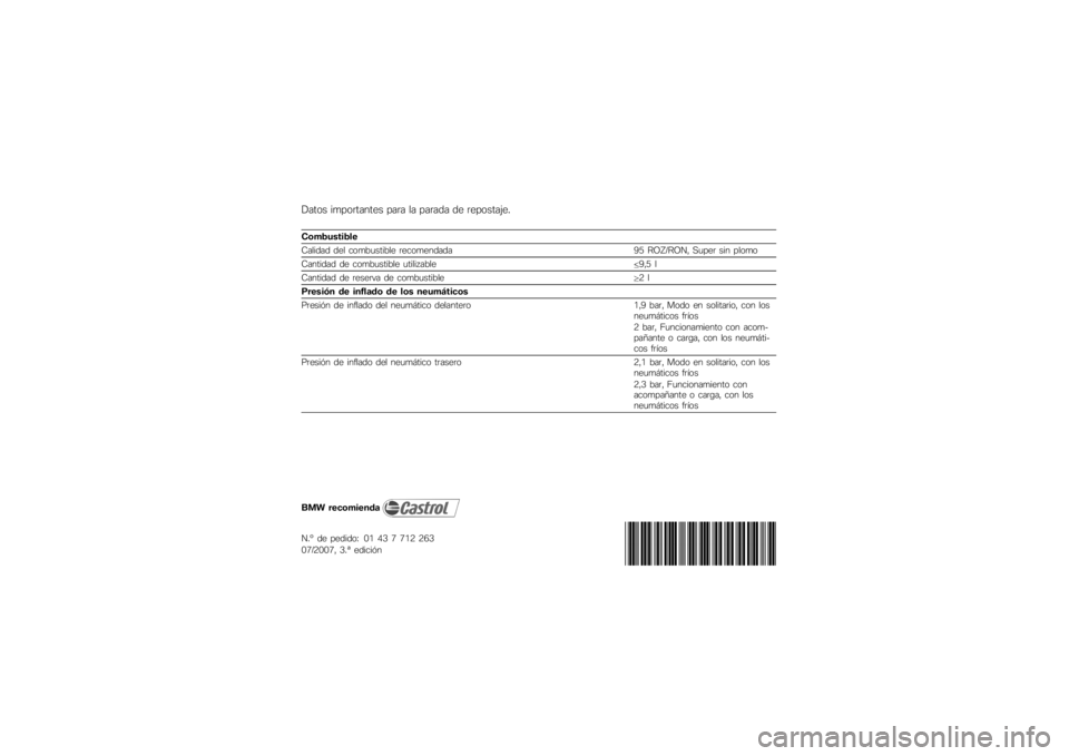 BMW MOTORRAD G 650 XCOUNTRY 2007 Manual de instrucciones (in Spanish) Datos importantes para la parada de repostaje.Combustible
Calidad del combustible recomendada95 ROZ/RON, Super sin plomo
Cantidad de combustible utilizable 9,5 l
Cantidad de reserva de combustible 2 l BMW MOTORRAD G 650 XCOUNTRY 2007 Manual de instrucciones (in Spanish) Datos importantes para la parada de repostaje.Combustible
Calidad del combustible recomendada95 ROZ/RON, Super sin plomo
Cantidad de combustible utilizable 9,5 l
Cantidad de reserva de combustible 2 l