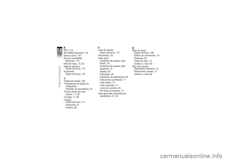 BMW MOTORRAD G 650 XCOUNTRY 2007  Instrukcja obsługi (in Polish) S
SAV, 118
SAV BMW Motorrad, 118
Service Card, 118
Service Card BMWMotorrad, 118
Sinal de luzes, 15, 32
Sistema eléctrico Dados técnicos, 113
Suspensão Dados técnicos, 110
T
Tabela de avarias, 104
