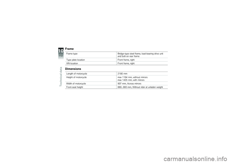 BMW MOTORRAD G650 XMOTO 2007  Riders Manual (in English) FrameFrame typeBridge-type steel frame, load-bearing drive unit
and bolt-on rear frame
Type plate location Front frame, right
VIN location Front frame, rightDimensionsLength of motorcycle2180 mm
Heigh
