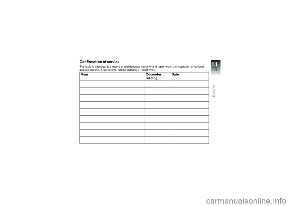 BMW MOTORRAD G650 XMOTO 2007  Riders Manual (in English) Confirmation of serviceThe table is intended as a record of maintenance, warranty and repair work, the installation of optional
accessories and, if appropriate, special campaign (recall) work.ItemOdom