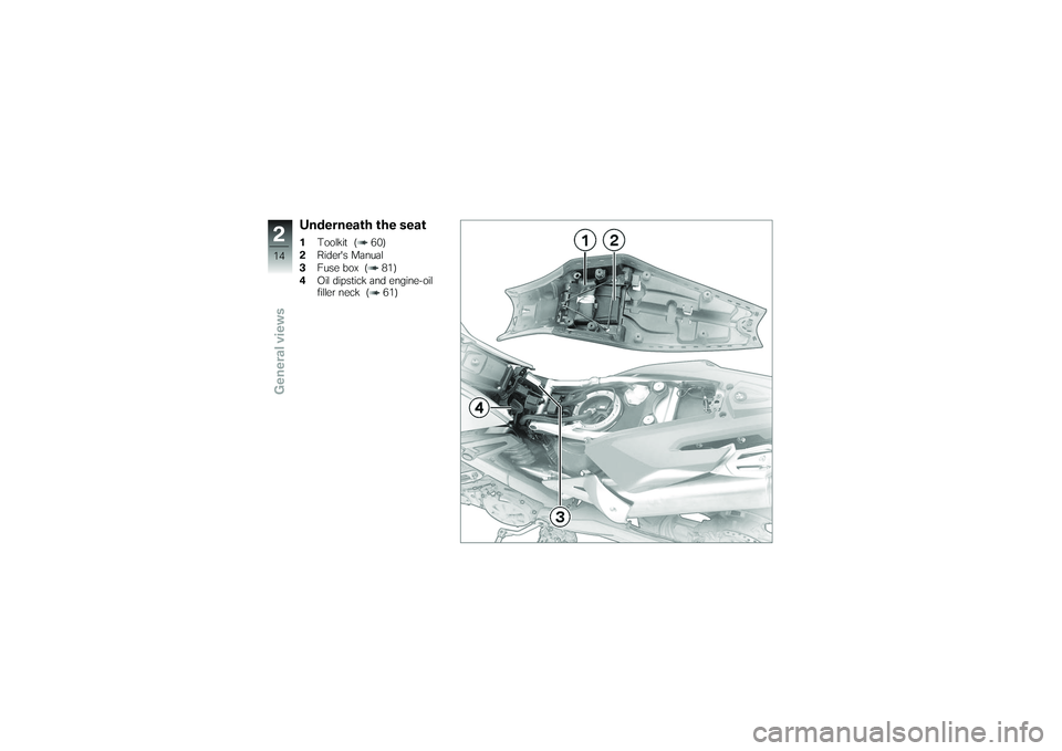 BMW MOTORRAD G650 XMOTO 2007 Riders Manual (in English) Underneath the seat1Toolkit ( 60)
2 Riders Manual
3 Fuse box ( 81)
4 Oil dipstick and engine-oil
filler neck ( 61)
214zGeneral views BMW MOTORRAD G650 XMOTO 2007 Riders Manual (in English) Underneath the seat1Toolkit ( 60)
2 Riders Manual
3 Fuse box ( 81)
4 Oil dipstick and engine-oil
filler neck ( 61)
214zGeneral views