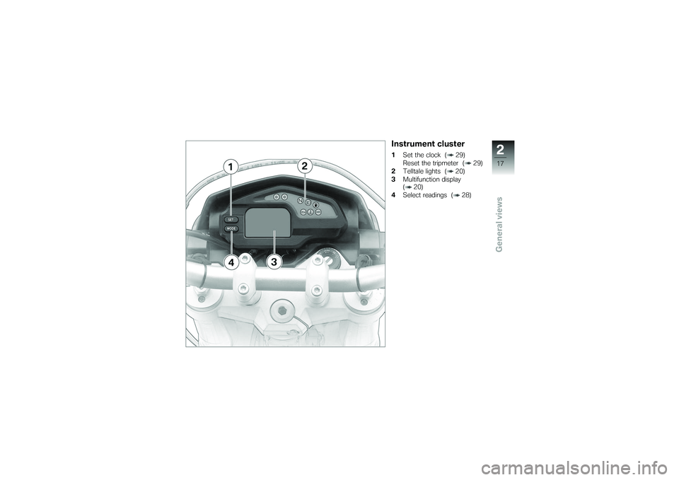 BMW MOTORRAD G650 XMOTO 2007 Riders Manual (in English) Instrument cluster1Set the clock ( 29)
Reset the tripmeter ( 29)
2 Telltale lights ( 20)
3 Multifunction display
( 20)
4 Select readings ( 28)
217zGeneral views BMW MOTORRAD G650 XMOTO 2007 Riders Manual (in English) Instrument cluster1Set the clock ( 29)
Reset the tripmeter ( 29)
2 Telltale lights ( 20)
3 Multifunction display
( 20)
4 Select readings ( 28)
217zGeneral views