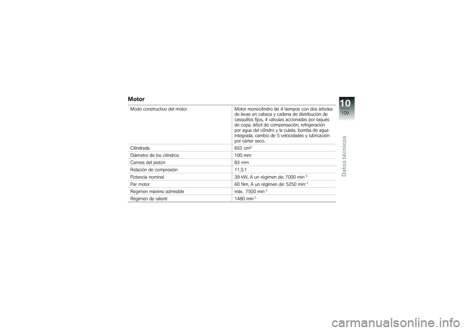 BMW MOTORRAD G650 XMOTO 2007  Manual de instrucciones (in Spanish) MotorModo constructivo del motorMotor monocilindro de 4 tiempos con dos árboles
de levas en cabeza y cadena de distribución de
casquillos fijos, 4 válvulas accionadas por taqués
de copa, árbol de
