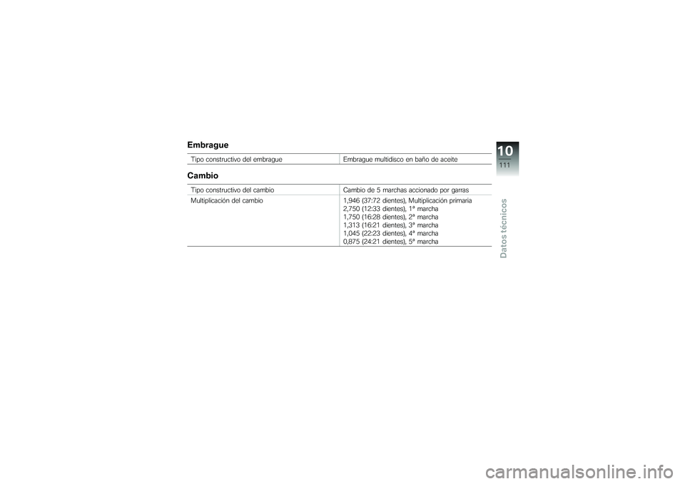 BMW MOTORRAD G650 XMOTO 2007  Manual de instrucciones (in Spanish) EmbragueTipo constructivo del embragueEmbrague multidisco en baño de aceiteCambioTipo constructivo del cambio Cambio de 5 marchas accionado por garras
Multiplicación del cambio 1,946 (37:72 dientes)