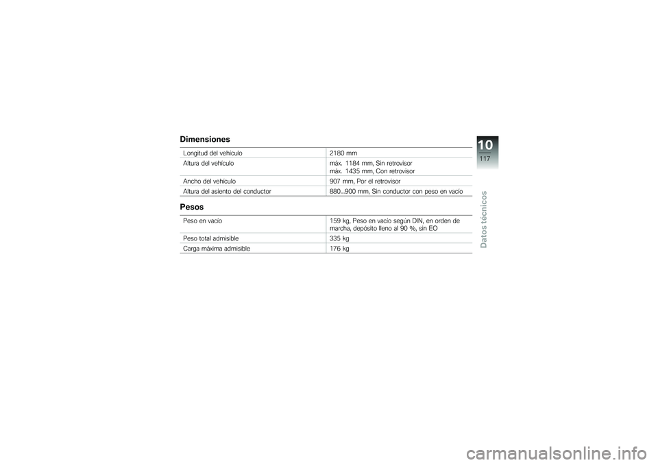 BMW MOTORRAD G650 XMOTO 2007  Manual de instrucciones (in Spanish) DimensionesLongitud del vehículo2180 mm
Altura del vehículo máx. 1184 mm, Sin retrovisor
máx. 1435 mm, Con retrovisor
Ancho del vehículo 907 mm, Por el retrovisor
Altura del asiento del conductor