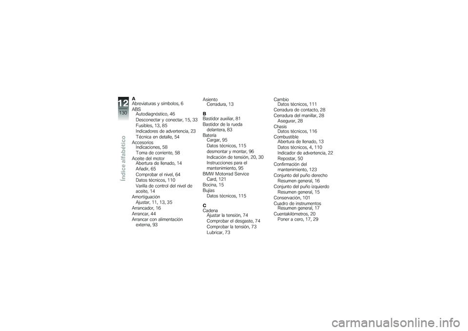 BMW MOTORRAD G650 XMOTO 2007  Manual de instrucciones (in Spanish) A
Abreviaturas y símbolos, 6
ABSAutodiagnóstico, 46
Desconectar y conectar, 15, 33
Fusibles, 13, 85
Indicadores de advertencia, 23
Técnica en detalle, 54
Accesorios Indicaciones, 58
Toma de corrien