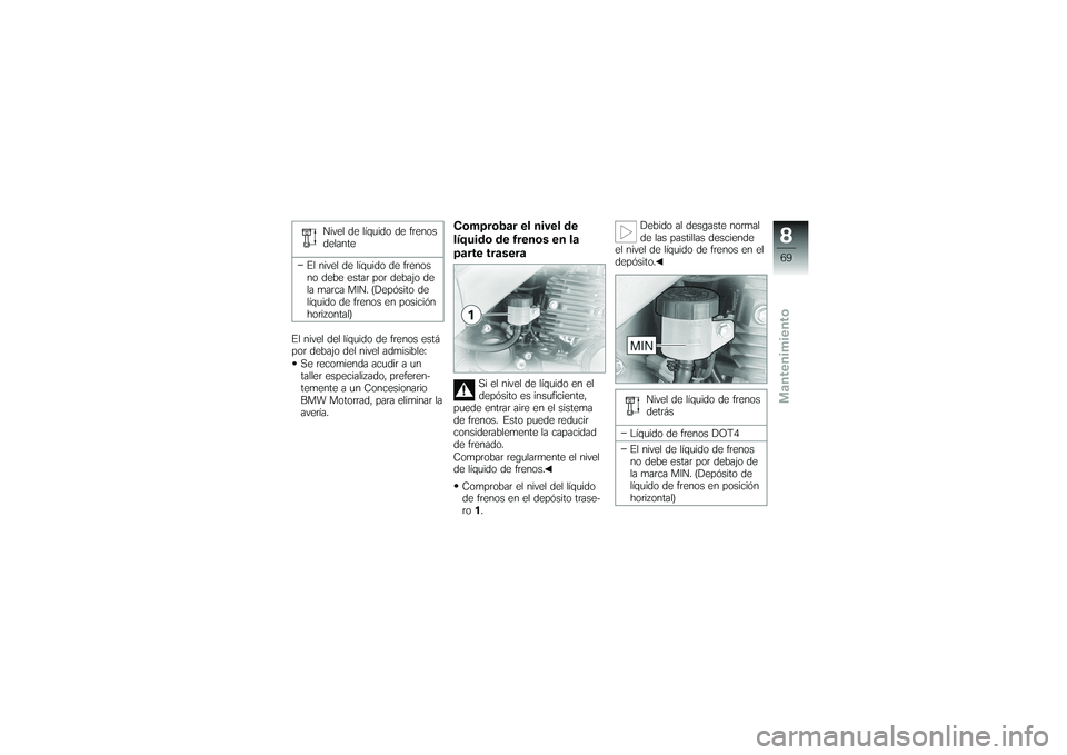 BMW MOTORRAD G650 XMOTO 2007 Manual de instrucciones (in Spanish) Nivel de lÃquido de frenos
delante
El nivel de lÃquido de frenos
no debe estar por debajo de
la marca MIN. (Depósito de
lÃquido de frenos en posición
horizontal)
El nivel del lÃquido de frenos e BMW MOTORRAD G650 XMOTO 2007 Manual de instrucciones (in Spanish) Nivel de lÃquido de frenos
delante
El nivel de lÃquido de frenos
no debe estar por debajo de
la marca MIN. (Depósito de
lÃquido de frenos en posición
horizontal)
El nivel del lÃquido de frenos e