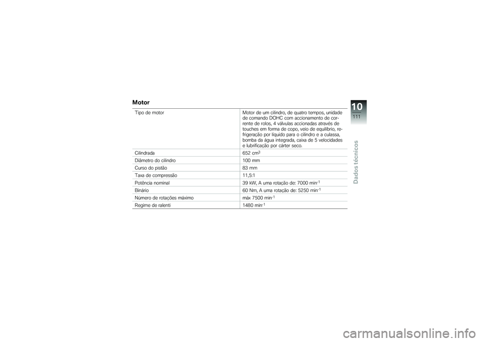 BMW MOTORRAD G650 XMOTO 2007  Instrukcja obsługi (in Polish) MotorTipo de motorMotor de um cilindro, de quatro tempos, unidade
de comando DOHC com accionamento de cor-
rente de rolos, 4 válvulas accionadas através de
touches em forma de copo, veio de equilíb