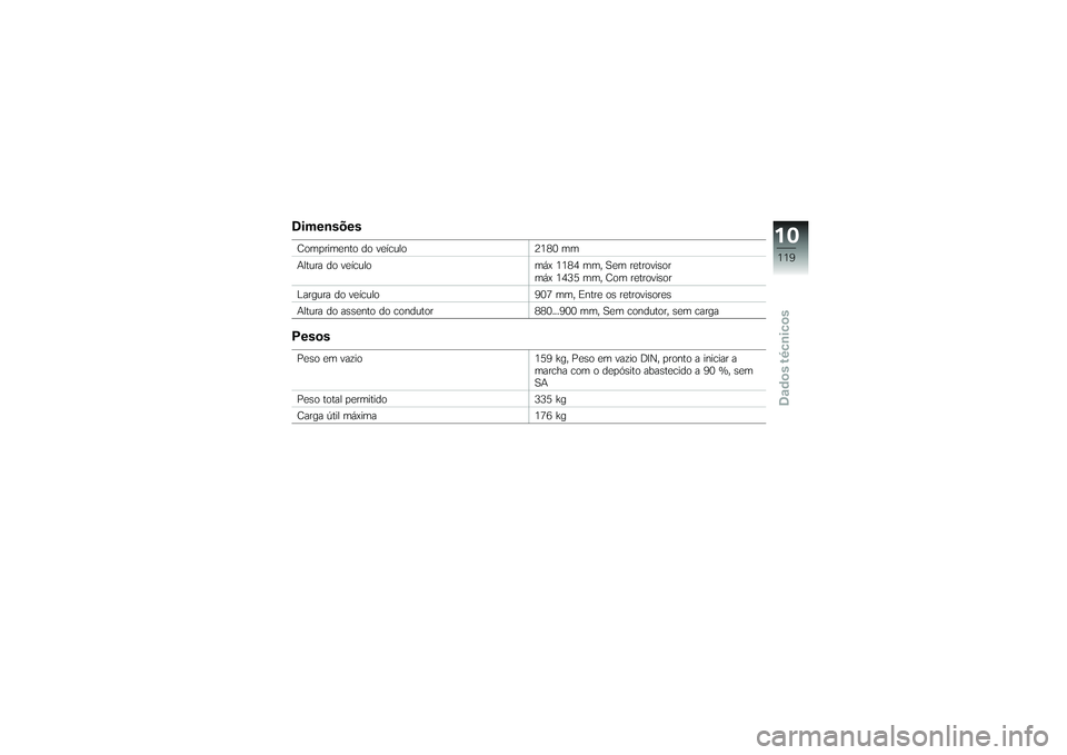 BMW MOTORRAD G650 XMOTO 2007  Instrukcja obsługi (in Polish) DimensõesComprimento do veículo2180 mm
Altura do veículo máx 1184 mm, Sem retrovisor
máx 1435 mm, Com retrovisor
Largura do veículo 907 mm, Entre os retrovisores
Altura do assento do condutor 88