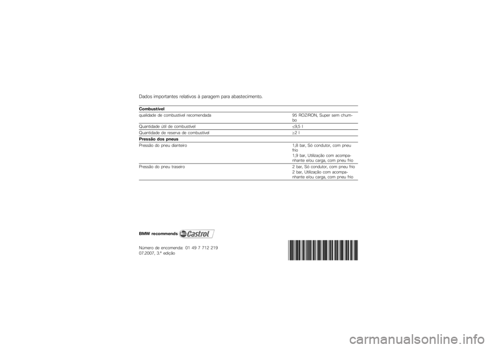 BMW MOTORRAD G650 XMOTO 2007  Instrukcja obsługi (in Polish) Dados importantes relativos à paragem para abastecimento.Combustível
qualidade de combustível recomendada95 ROZ/RON, Super sem chum-
bo
Quantidade útil de combustível 9,5 l
Quantidade de reserva  BMW MOTORRAD G650 XMOTO 2007  Instrukcja obsługi (in Polish) Dados importantes relativos à paragem para abastecimento.Combustível
qualidade de combustível recomendada95 ROZ/RON, Super sem chum-
bo
Quantidade útil de combustível 9,5 l
Quantidade de reserva