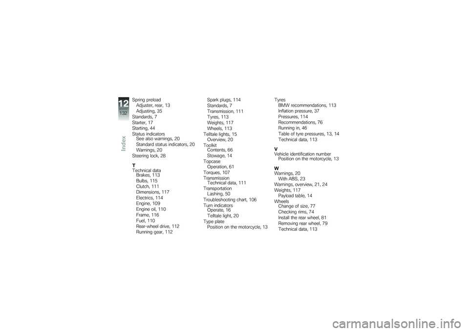 BMW MOTORRAD G 650 GS 2010 Riders Manual (in English)
Spring preloadAdjuster, rear, 13
Adjusting, 35
Standards, 7
Starter, 17
Starting, 44
Status indicatorsSee also warnings, 20
Standard status indicators, 20
Warnings, 20
Steering lock, 28
TTechnical da BMW MOTORRAD G 650 GS 2010 Riders Manual (in English)
Spring preloadAdjuster, rear, 13
Adjusting, 35
Standards, 7
Starter, 17
Starting, 44
Status indicatorsSee also warnings, 20
Standard status indicators, 20
Warnings, 20
Steering lock, 28
TTechnical da