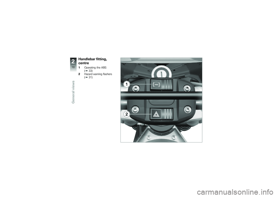 BMW MOTORRAD G 650 GS 2010 Riders Manual (in English)
Handlebar fitting,
centre
1Operating the ABS(33)
2Hazard warning flashers(31)
2
18
zGeneral views BMW MOTORRAD G 650 GS 2010 Riders Manual (in English)
Handlebar fitting,
centre
1Operating the ABS(33)
2Hazard warning flashers(31)
2
18
zGeneral views