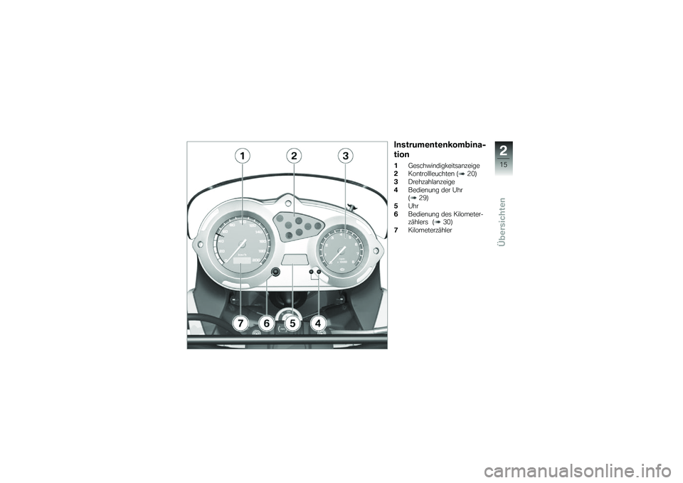 BMW MOTORRAD G 650 GS 2010  Betriebsanleitung (in German) 
Instrumentenkombina-
tion
1Geschwindigkeitsanzeige
2Kontrollleuchten (20)
3Drehzahlanzeige
4Bedienung der Uhr(29)
5Uhr
6Bedienung des Kilometer-zählers (30)
7Kilometerzähler
2
15
zÜbersichten 