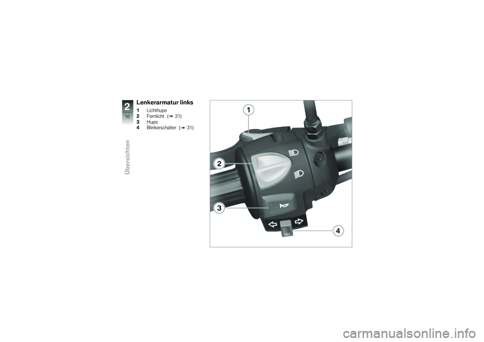 BMW MOTORRAD G 650 GS 2010  Betriebsanleitung (in German) 
Lenkerarmatur links
1Lichthupe
2Fernlicht (31)
3Hupe
4Blinkerschalter (31)
2
16
zÜbersichten 